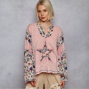 POL POL V-Neck Long Sleeve Floral Pattern Contrast Cream Soft Pink Top